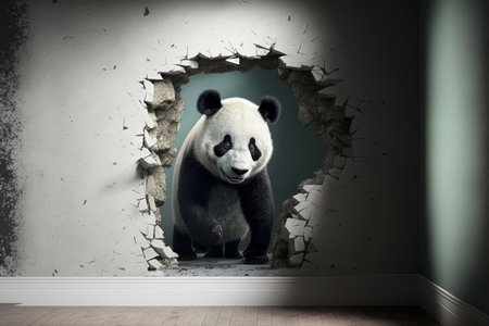 Little panda peeking out from a damaged wall in the backdrop. The wall is quite attractive and adds various colors to the space. It will serve as a focal point for the interior and visually enlarge thの素材
