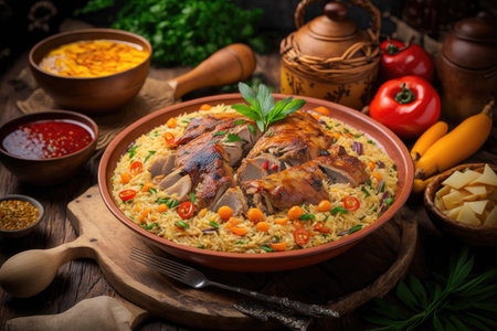 Kabsa hummus maqluba maqluba tabbouleh close up rice and meat dish middle eastern national traditional food. Muslim family dinner Ramadan iftar. Arabian cuisineの素材