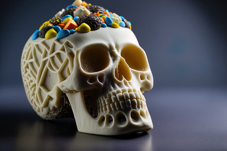 Halloween sweets in the shape of a skull with a high resolution background in a horizontal macro shotの素材