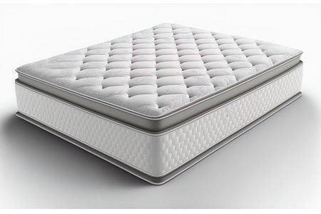 Isolated on white a double sided queen sized plush pocketed coil mattress. Luxurious Pillow Top Two Sided Innerspring Mattress. Mattress with Washable Tufting Responsive Springs and Breathable Bordの素材