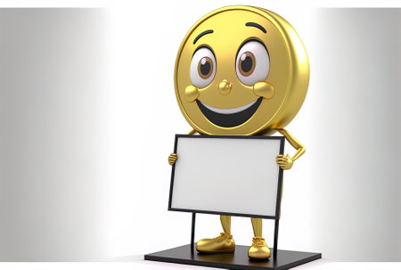 On a white background a golden loyalty program bonus coin person mascot is displayed on a white blank advertising promotion standの素材