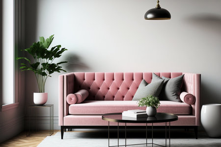 Realistic image of the inside of a contemporary living room with a pink couch coffee table and empty white wall. Put your image hereの素材