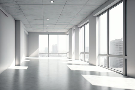 Office with white walls a concrete floor a row of lamps and windows that provide a fuzzy view of the city is unoccupied in one corner. The idea of real estateの素材