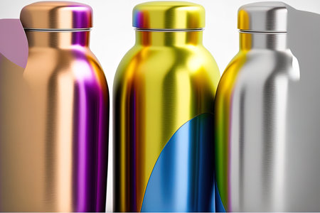 On a white background a close up of multicolored reusable thermo water bottles is seen. With no waste. Say no to single use plastic bottles. idea of the environmentの素材