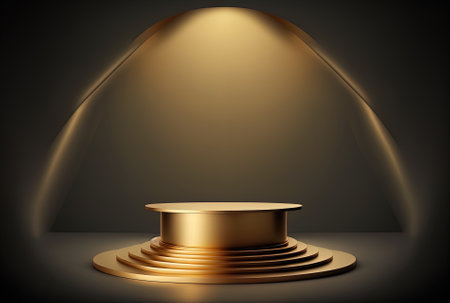 Luxury premium podium backdrop image with an empty showcase scenario in gold pedestal form for product placementの素材