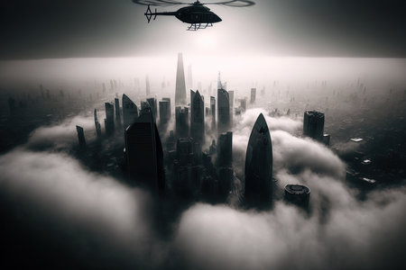 London United Kingdom Aerial Drone Helicopter on November 28 2020 Above the clouds and fog iconic skyscrapers including London City The Shard Skyline London Eye The Gherkin and Cityscape can bの素材