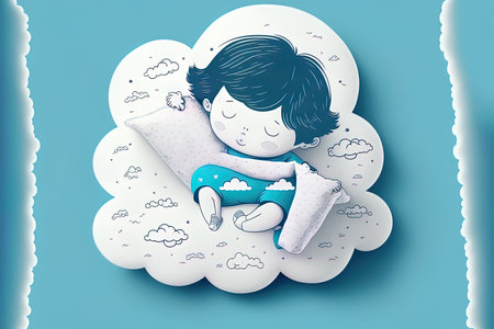 Little child sleeping calmly on beautiful white cloud wearing blue pajamas. blanket and pillow for the youngster. Template for a logotype for baby bedding good sleep and linen. artwork in colの素材