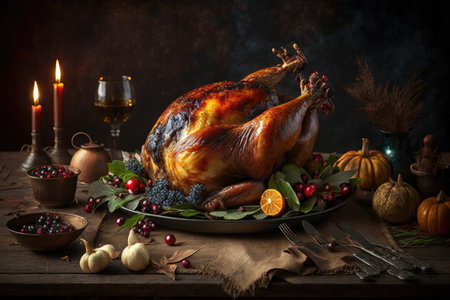 Roasted Turkey. Thanksgiving table served with turkey decorated with bright autumn leaves and candles. Roasted chicken table setting. Christmas dinnerの素材