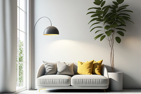 Interior of a light filled living room with an empty wall a sofa with three pillows a plant and a lamp. Concept of minimalist architecture for unwinding and comfort a mockupの素材