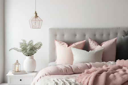 Light adorable and cozy home bedroom interior with an unmade bed pink plaid and cushions against a background of an empty white wallの素材