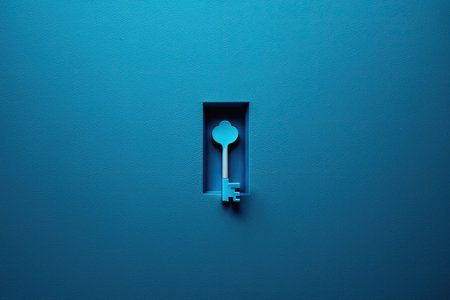 On a completely blank brilliant blue background there is only one blue key. Conceptualization and example of minimalismの素材