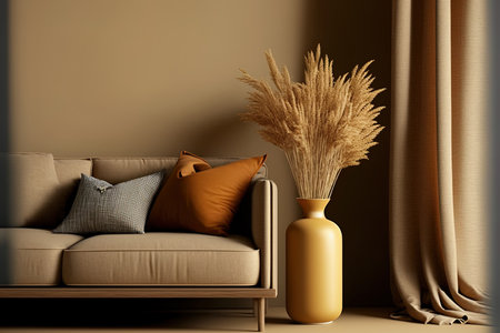 Illustration of a warm toned interior wall mockup with a beige linen sofa plaid dried grass brass table curtains and standing lamp in the living room against a background of an empty wallの素材