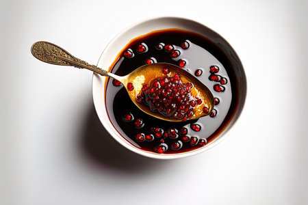 On a white backdrop pomegranate fruit and pomegranate molasses are shown in a glass bowl with a spoonの素材