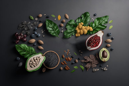Superfoods on a gray background with copy space. Nuts beans greens fruit and seeds. Healthy vegan foodの素材