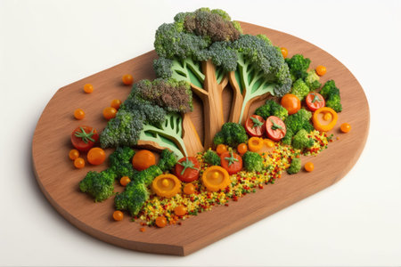 Served on a weathered wooden platter is a quinoa salad topped with broccoli sweet potatoes and tomatoes. Salad made with quinoa and vegetables of three different colors. The concept of superfoods anの素材