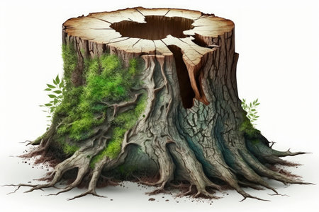 Remove the tree stump. Stump of an old tree isolated on a white backdrop. dying tree For professional composition use a high quality clipping maskの素材