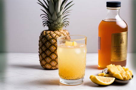 Mexican pineapple beverage in a clear glass sitting on a light table. In the distance there is a bottle of beverage and half a pineapple. Pieces of pineapple are on the table. a pale backgroundの素材