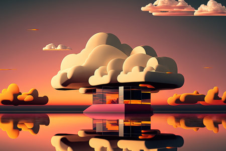 Structure of the cloud. futuristic landscape in abstraction. Sunset clouds with a water reflection. An illustration of contemporary glass structuresの素材