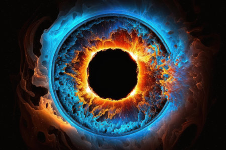 Nebula ring effect in space. Iris the heavenly eye. eruption of electric blue and scorching orange fumes in a circleの素材
