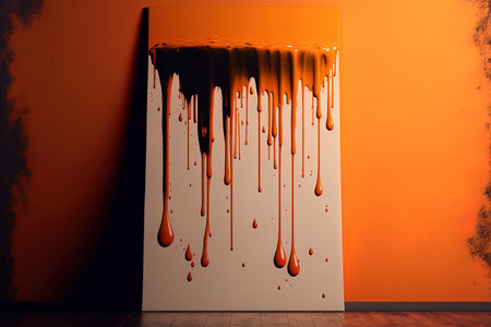 Orange paint drips with a textured effect down the wall. Background with creativity abstract design component and copy spaceの素材