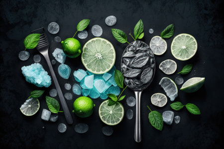 Mojito ingredients mint limes ice and a nighttime backdrop. On a slate board a mojito cocktail ice tongs and a cocktail spoon. To make room for a copyの素材