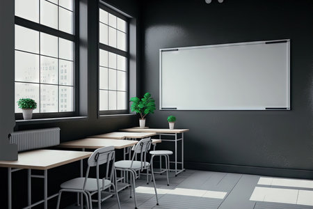 Modern empty classroom interior with desks chairs and chalkboard. Light schoolroom with comfy furniture and big windows space for textの素材