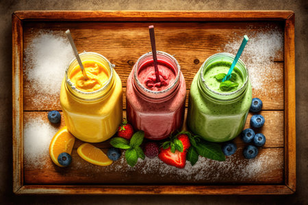 Smoothies made from freshly blended fruit presented in glass jars of varying colors and flavors and served on a rustic wooden tray. Shades of yellow red and green. Selective focus from aboveの素材