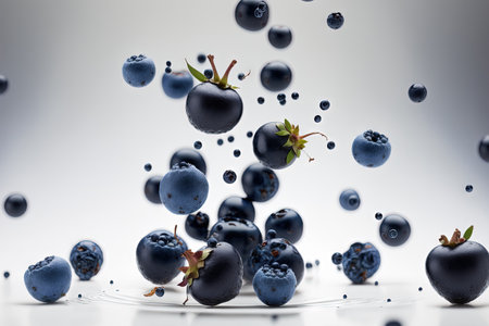 On a white background many blueberries are dropping freely. Shallow depth of field with selective focusの素材