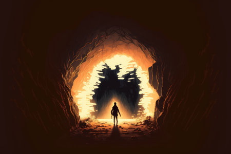 There is a light at the end of the tunnel is an adage that is illustrated in this digital art artwork of a guy entering a dark cave and spotting a blazing light at the openingの素材