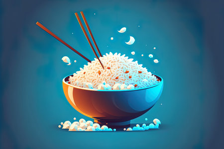 artwork of a rice bowl and chopsticks isolated on a blue backdrop. Restaurant cartoon cuisine that is adorableの素材