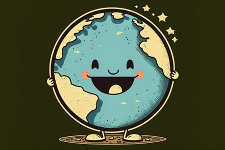 T shirt sticker or fashion product image of the Earth globe with a smiley face. doodle vintage and cartoon aestheticsの素材