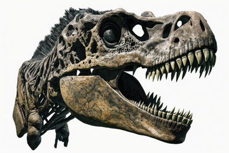 Skull of a Tyrannosaurus rex displayed against a blank white background. animals that lived long ago and left behind fossilsの素材