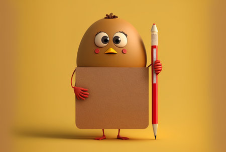 On a yellow backdrop a brown chicken egg figure mascot holds a red plastic clipboard paper and a pencilの素材