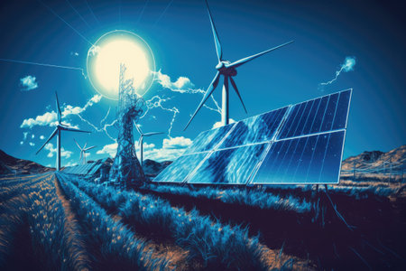 Renewable power. Ranch of solar panels and windmills. Infinitely renewable materials. Fueled by the sun and the wind. Sustainable power. Reliable progress. A solar panel. Using renewable resources forの素材