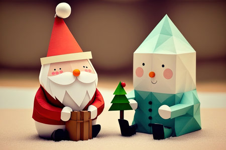 Santa and the snowman were waiting for the festival of happiness while seated in front of an origami Christmas treeの素材