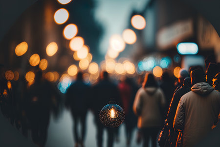 Photo of a street light that is out of focus a fuzzy road construction a vehicle and people with vibrant bokehの素材