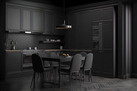 Side view of a dark gray kitchen room with a dining table and a black parquet floor. No people at the dining table with chairs a shelf and a windowの素材