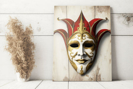 The mask of a traditional Venetian jester in gold and crimson rests on a worn white wooden backgroundの素材