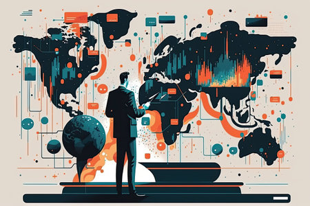 The idea of a worldwide network is presented. Showing off your big data. Online social networking via the Internet. illustration of a businessman using the internet to conduct scientific researchの素材