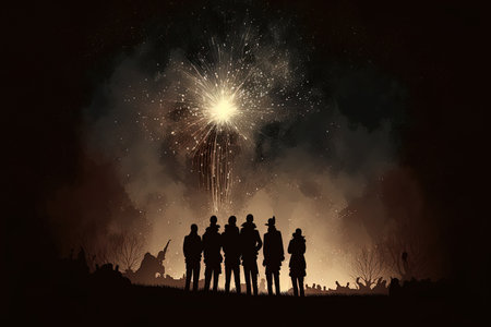 The group of Silhouettes observing a celebratory fireworks display Merry Christmas and a happy new year on a dark empty backgroundの素材