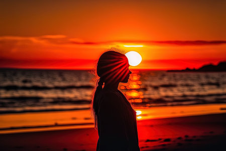 Woman appreciating the horizon view the sun and the orange or red sky while traveling in freedom relaxation and awareness taking in the environment and the beauty of nature by the sea. Sunset silの素材