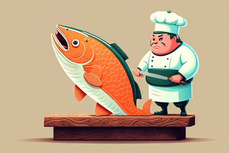 The skilled Japanese chef is ling the large salmon. He is slicing a salmon fillet for sashimi and sushi with a knifeの素材