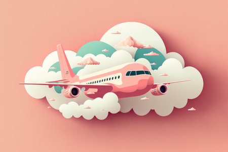 Passenger jet flying through clouds that are a soft pink color. minimal ideas for vacations travel or transportationの素材