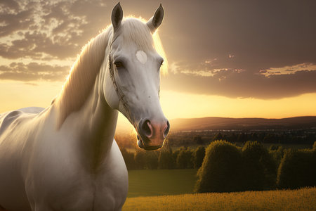 The most stunning white horse demonstrates his temperament and attractiveness during the golden hour of a summer sunset on a picturesque pasture. excellent photographの素材