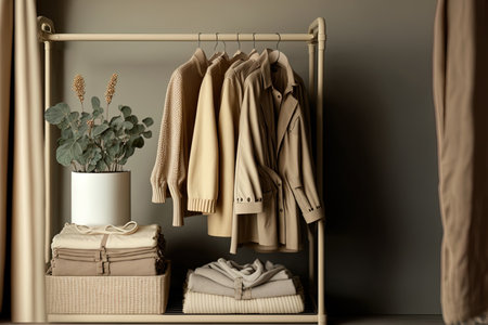 a storage shelf with a shelf of clothes on it on a cream backdrop. a collection of beige colored garments hanging on a rack that serve as both an idea for a store and a bedroomの素材