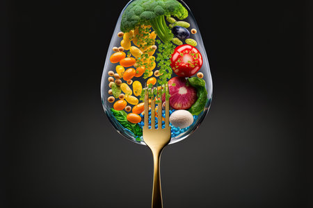 Natural food supplement idea of a pill or medication capsule with fresh produce inside on a fork as a representation of nourishment and vitamins for healthy eatingの素材