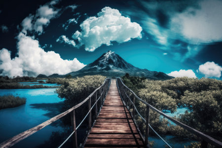 Over the water to a barren island on a bamboo footbridge. Amazing tropical scenery. Life on the road. Traveling in the wild for a holiday. Theoretical framework for eco traveling adventures. This isの素材