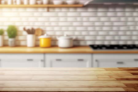 Wood table top with a background of a kitchen room in blur. for montage product presentation or essential visual layout designの素材