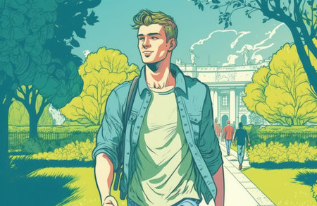 Young man in his 20s with a clear head and a smile walking in a spring green city park while lounging on a lawn in the sunshine. He is wearing a blue casual shirt. Concept of urban living and leisurの素材