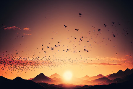 Silhouette flock of birds flying over the valley on sunbeam twilight sky at sunset. Birds flying. The freedom of birds in naturefreedom conceptの素材